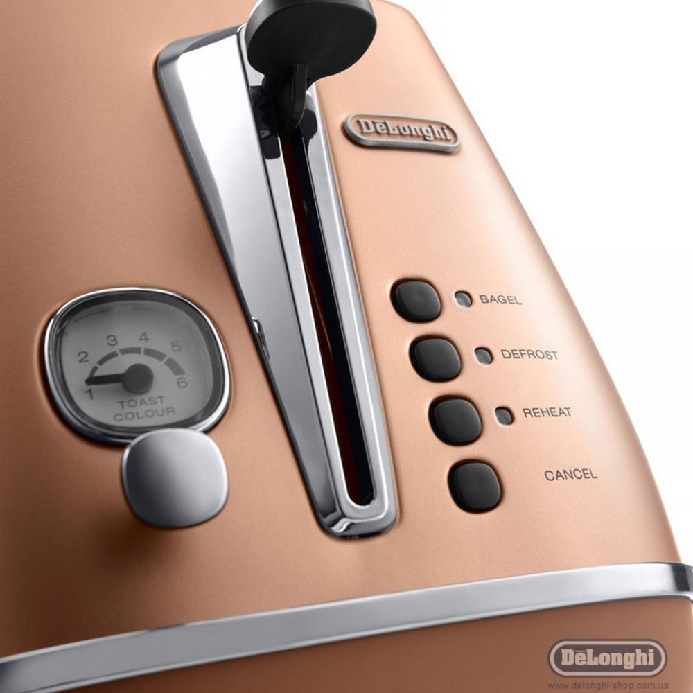 Тостер CTI2103.CP медь DeLonghi Тостер CTI2103.CP медь DeLonghiТостер изготовлен из металла. Имеется функция автоцентрирования тостов. Тостер имеет электронный тип управления, режим подогрева и разморозки, а также функцию защиты от перегрева. В комплекте к тостеру идет решетка для булочек.<br>