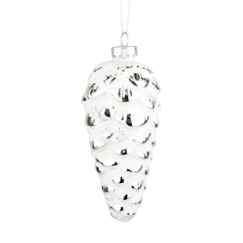 Украшение подвесное шишка стеклянная 13 х 6 см DecoLine белый-серебрянный