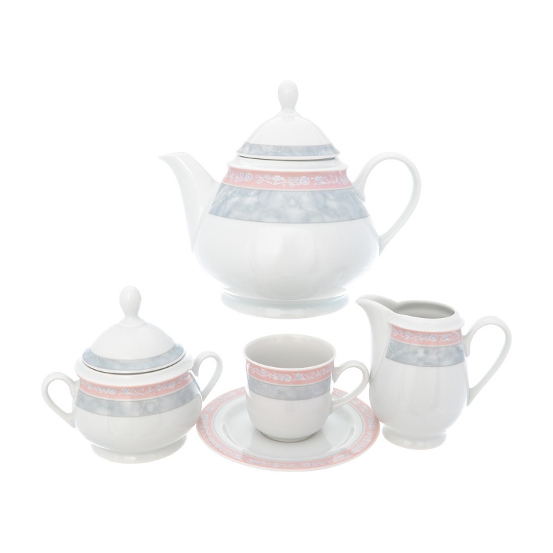 Чайный сервиз 6 персон Thun Яна серый мрамор с розовым кантом 15 предметов Thun CKH-15409