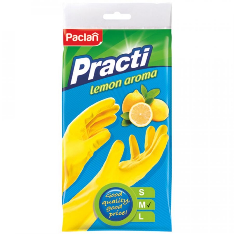 Перчатки резиновые с ароматом лимона Paclan M жёлтый перчатки с запахом лимона paclan practi lemon aroma l