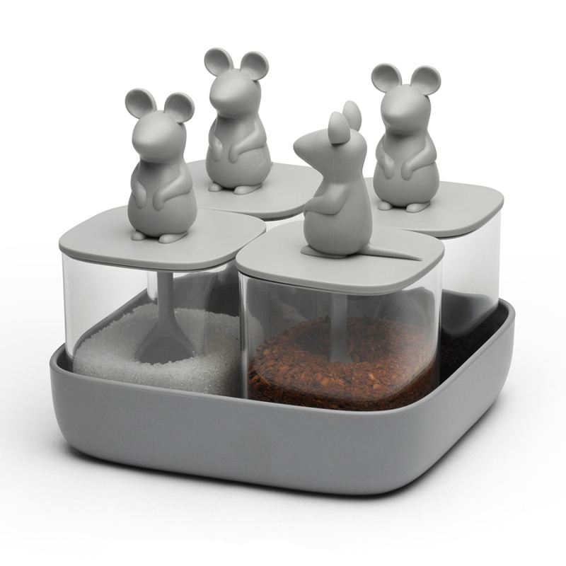 Набор банок для сыпучих продуктов lucky mouse seasoning, 4 шт Qualy CKH-QL10366-CL-GY