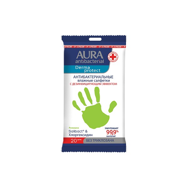 Салфетки влажные антибактериальные Aura Derma Protect Ромашка 20 шт влажные салфетки детские чебурашка 60 штук