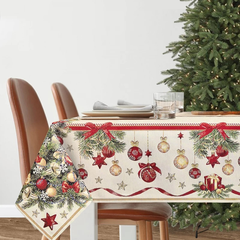 Скатерть 140 х 180 см Le Gobelin Новогодний пир бежевый/зеленый