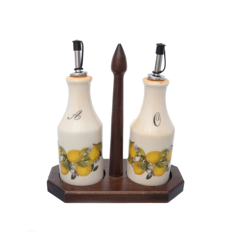 Набор из 2-х бутылок для масла и уксуса на деревянной подставке 275 мл LCS Лимоны LCS CKH-45858