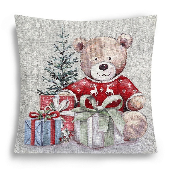 Подушка 45 х 45 см Le Gobelin Мишка у елки с подарками бежевая/серая