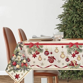 Скатерть 140 х 220 см Le Gobelin Новогодний пир бежевая/зеленая