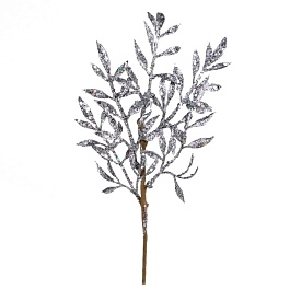 Ветка с листьями глиттером 26 см Азалия серебряная