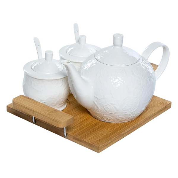 Набор для сервировки с чайником 1200 мл и сахарницами 300 мл на бамбуковой подставке Balsford Роза