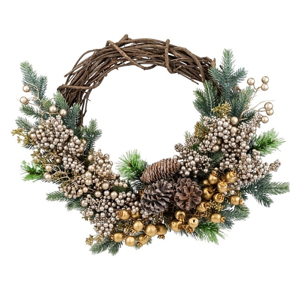 Венок с ягодами шишками 50 см Азалия зеленый/шампань