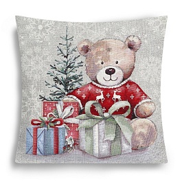 Подушка 45 х 45 см Le Gobelin Мишка у елки с подарками бежевая/серая