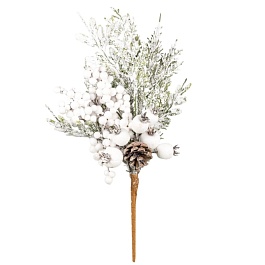 Ветка еловая с ягодами шишками заснеженная 31 см Азалия зеленый/белый