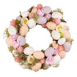 Венок пасхальный с яйцами, D33см, зеленый/розовый