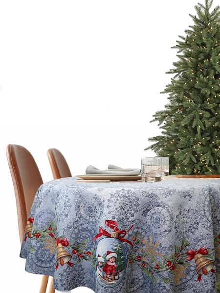 Скатерть круглая 160 см Le Gobelin Новогодние ягоды серо-голубая