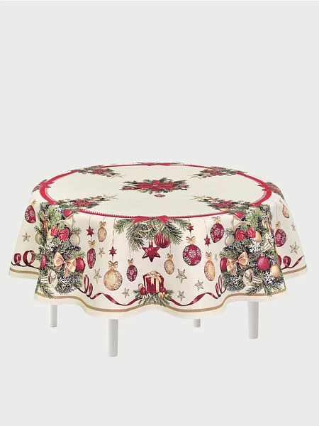 Скатерть круглая 180 см Le Gobelin Новогодний пир бежевый/зеленый