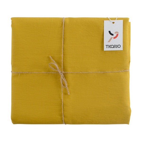 Скатерть из умягченного льна с декоративной обработкой 143 х 250 см Tkano Essential горчичный