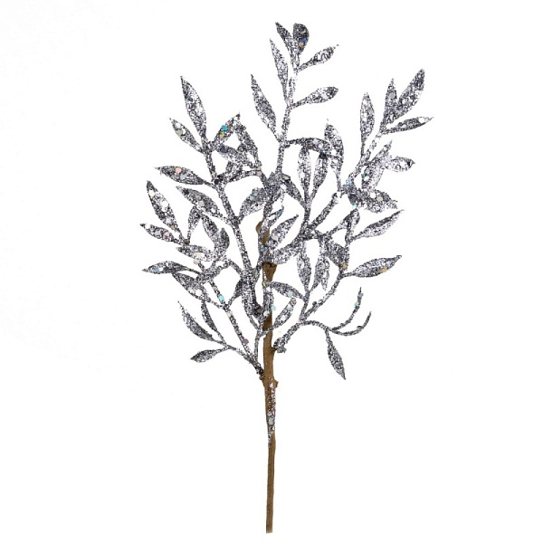 Ветка с листьями глиттером 26 см Азалия серебряная