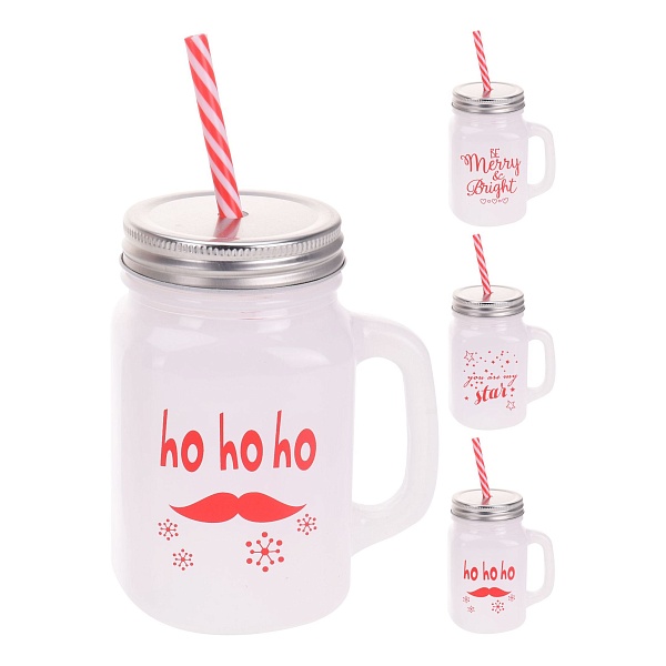 Кружка в форме банки с крышкой 450 мл с соломкой в ассортименте