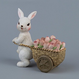 Сувенир 12 см Азалия Кролик с тележкой белый