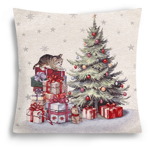 Подушка 45 х 45 см Le Gobelin Котенок и подарки бежевая/красная