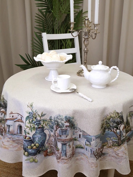 Скатерть круглая 160 см Le Gobelin Оливки Греция Фон