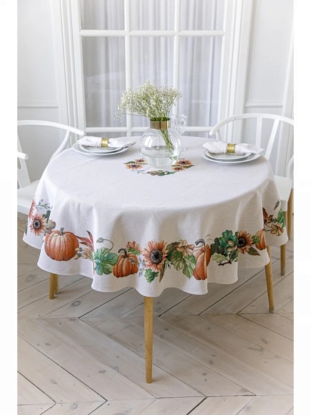 Скатерть круглая 165 см Le Gobelin Тыквы и подсолнухи