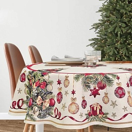 Скатерть круглая 180 см Le Gobelin Новогодний пир бежевый/зеленый