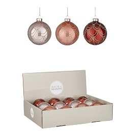 Шар стеклянный 8 см House of Seasons коралловый/лиловый/бордовый с узором 