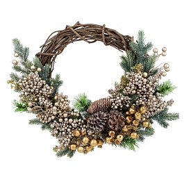 Венок с ягодами шишками 50 см Азалия зеленый/шампань