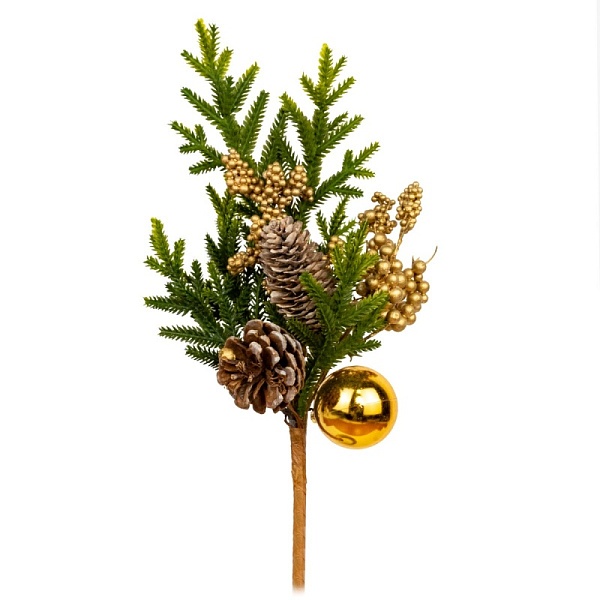 Ветка еловая с ягодами шишками шаром 36 см Азалия зеленый/золотой