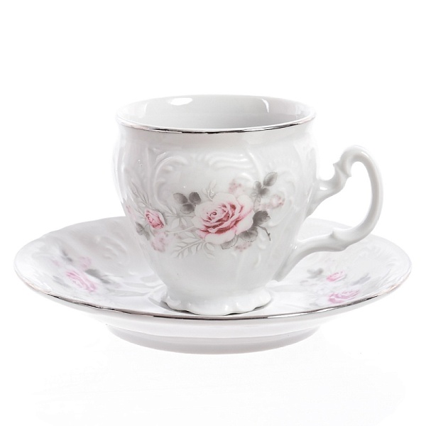 Набор кофейных пар 90 мл Bernadotte Серая роза платина 12 предметов