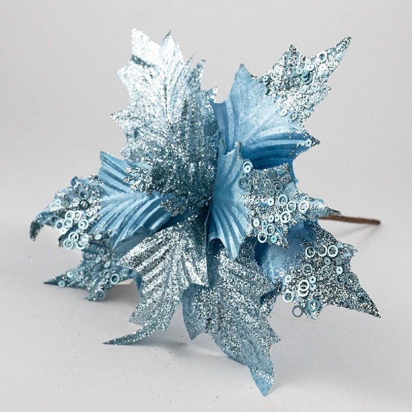 Пуансетия с глиттером на вставке 28 см Азалия голубая