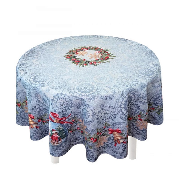 Скатерть круглая 160 см Le Gobelin Новогодние ягоды серо-голубая